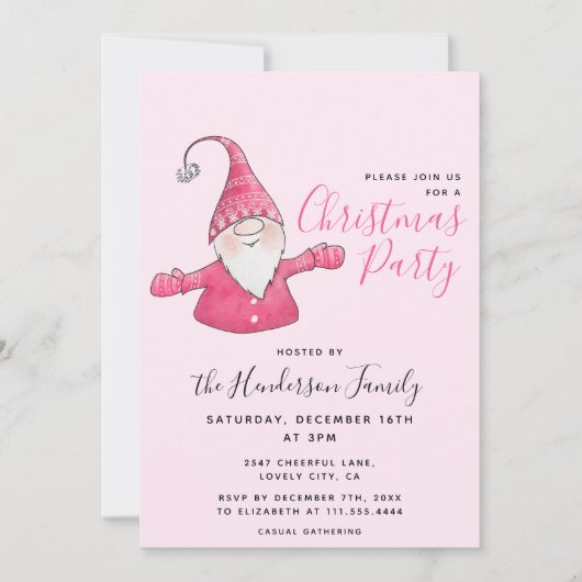 Girl Fun Gnome Personalisiert Pink Weihnachten Einladung (Vorderseite)