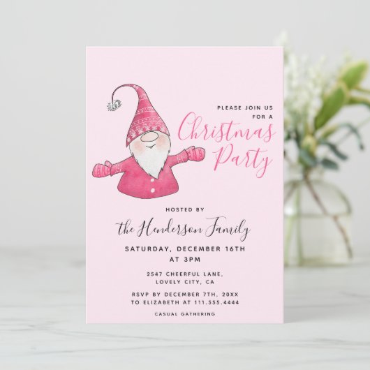 Girl Fun Gnome Personalisiert Pink Weihnachten Einladung (Stehend Vorderseite)