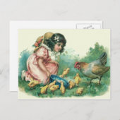 Girl Fütternd Osterchick Hen Feiertagspostkarte (Vorne/Hinten)