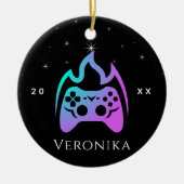Girl Gamer Neon Video Game Console Name & Jahr Keramik Ornament (Vorne)