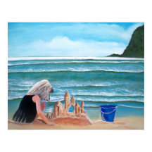 Girl Gebäude Sandburg am Meer Malerei Kunst