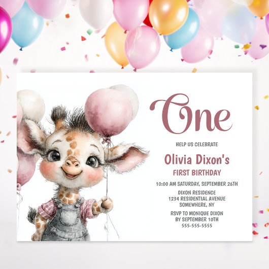 Girl Giraffe 1st Birthday Party Invitation Einladung