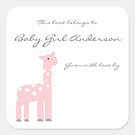 Girl Giraffe Baby Dusche Buchzeichen Quadratischer Aufkleber (Vorderseite)