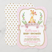 Girl Giraffe Babydusche Rosa & Gold Einladung (Vorne/Hinten)