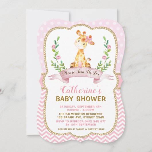 Girl Giraffe Babydusche Rosa & Gold Einladung (Vorderseite)