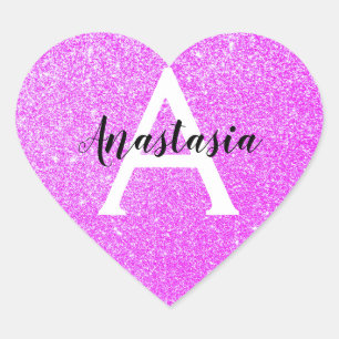 Girl Glam Lila Glitzer Glitzern Monogramm Name Herz-Aufkleber
