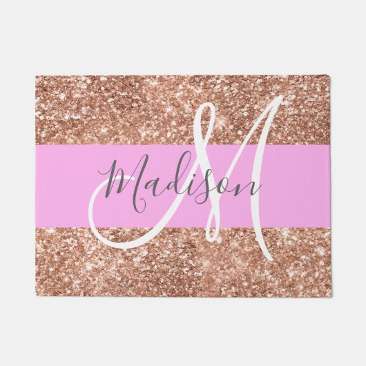 Girl Glam Pink Peach Gold Glitzer Monogram Name Fußmatte (Vorderseite)