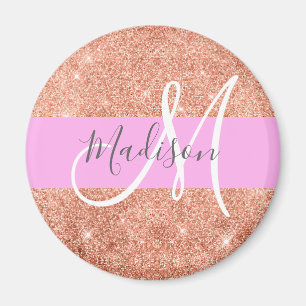 Girl Glam Pink Peach Gold Glitzer Monogram Name Magnet
