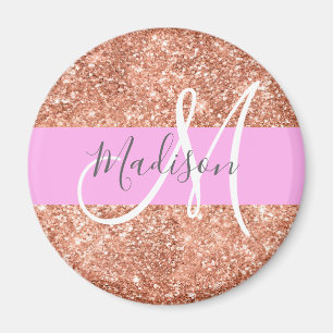 Girl Glam Pink Peach Gold Glitzer Monogram Name Magnet