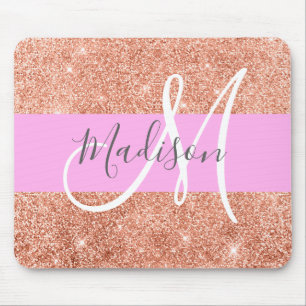 Girl Glam Pink Peach Gold Glitzer Monogram Name Mousepad