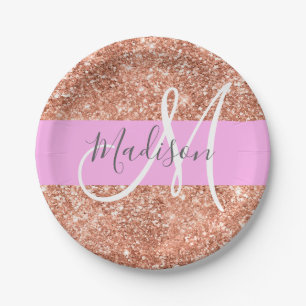 Girl Glam Pink Peach Gold Glitzer Monogram Name Pappteller