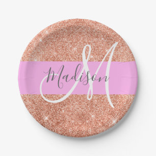 Girl Glam Pink Peach Gold Glitzer Monogram Name Pappteller
