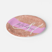 Girl Glam Pink Peach Gold Glitzer Monogram Name Pappteller (Schrägansicht)
