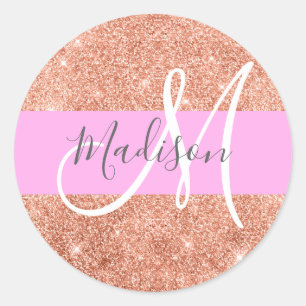 Girl Glam Pink Peach Gold Glitzer Monogram Name Runder Aufkleber