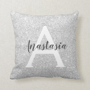 Girl Glam Silver Glitzer Glitzern Monogramm Name Kissen