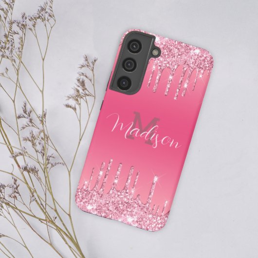 Girl Glitzer Pink Tropfen Glam Monogram Add Name Samsung Galaxy Hülle