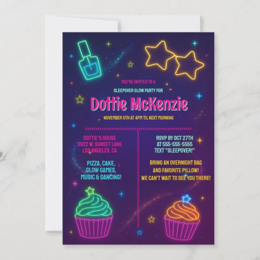Girl Glow Neon Cupcake Nail Polnisches Slumber Par Einladung (Vorderseite)