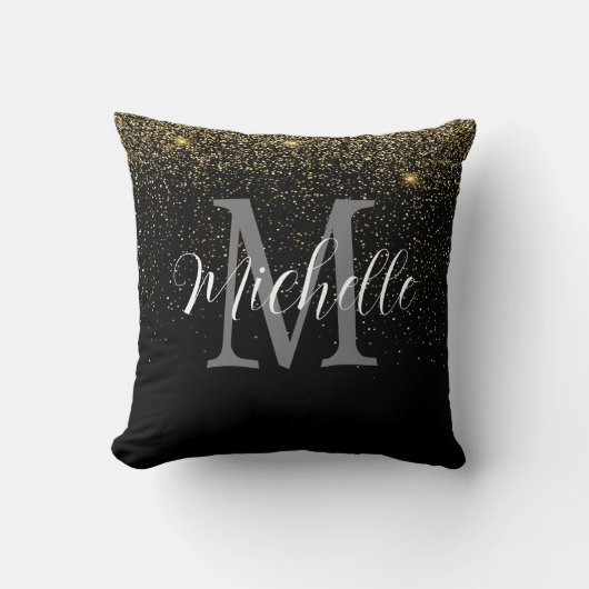 Girl Gold Black Glitzer Monogramm und Name Kissen (Vorderseite)