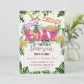 Girl Gold Dinosaur Tropical Birthday Einladung (Stehend Vorderseite)