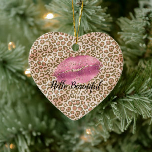 Girl Gold Peach Leopard Print Pink Lips Kiss Keramik Ornament