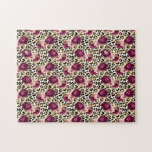 Girl Gold Pink Blütenleopard Print Puzzle (Horizontal)