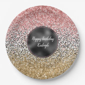 Girl Gold Pink Schwarz-weiß Leopard Print Glitzer Pappteller (Vorderseite)