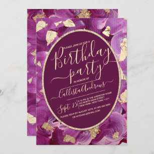 Girl-Gold-Plum Lilac-Acryl-Pinselstrich Geburtstag Einladung