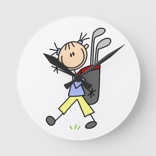 Girl Golfer mit Tasche und Clubs Runde Wanduhr (Vorderseite)