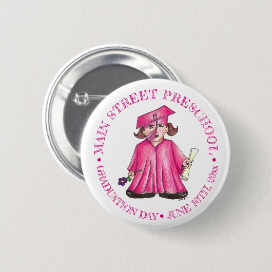 Girl Graduate Pink Gown Cap Preschool Abschluss Button (Vorne & Hinten)