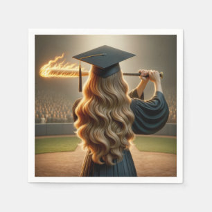 Girl Graduate Swinging a Flaming Baseball Bat Serviette