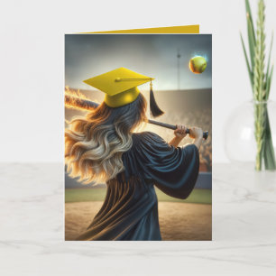 Girl Graduate Swinging a Flaming Bat Feiertagskarte