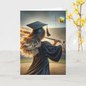 Girl Graduate Swinging a Flaming Bat Karte (Gelbe Blume)