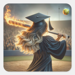 Girl Graduate Swinging a Flaming Bat Quadratischer Aufkleber