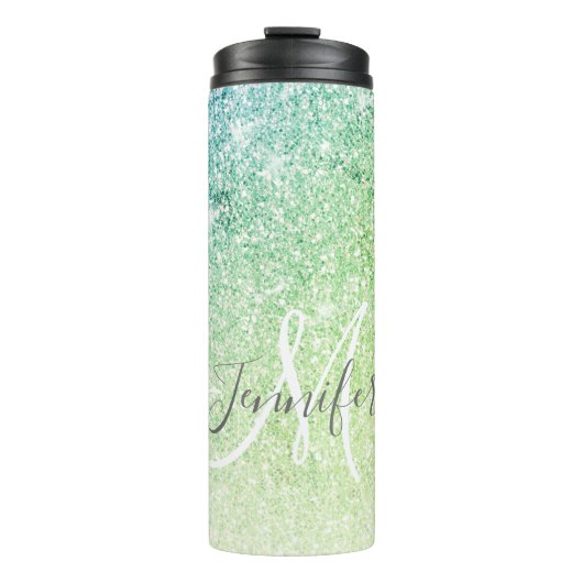 Girl Green Blue Glitzer Blush Monogram Name Thermosbecher (Vorderseite)