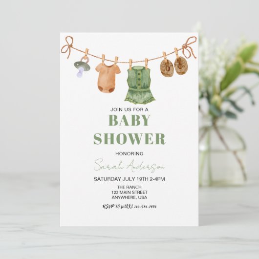 Girl Green Boho Baby Clothes Babydusche Einladung (Stehend Vorderseite)