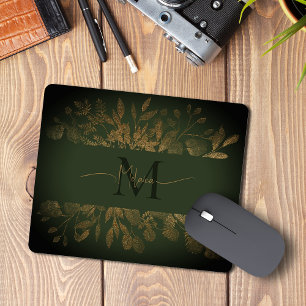 Girl Green & Gold Glitzer Vintage Blumenmonogramm Mousepad