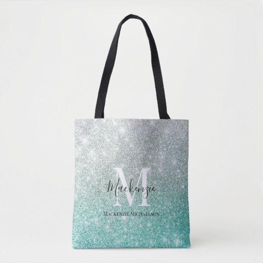 Girl Green Silver Ombre Glitzer Monogram Name Tasche (Vorderseite)