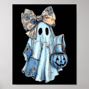 Girl Halloween Blue Denim Ghost Preppy Ghost Bow Poster