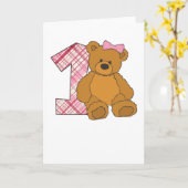 Girl Happy 1st Birthday Bear with 1 and Pink Bow Karte (Gelbe Blume)