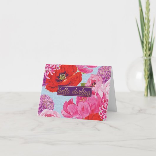 Girl Hello Darling Floral Note Card Karte (Vorderseite)