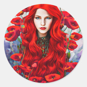 Girl Hive in Poppy Blume Fantasy Art Runder Aufkleber