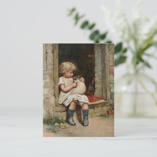 Girl Holding Cute Puppy Vintage Postkarte (Stehend Vorderseite)