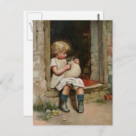 Girl Holding Cute Puppy Vintage Postkarte (Vorne/Hinten)