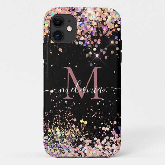 Girl Holographic Glitzer Monogram Name Black Case-Mate iPhone Hülle (Rückseite)
