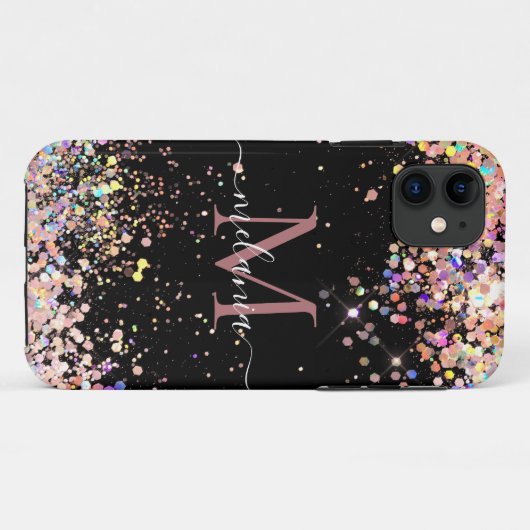 Girl Holographic Glitzer Monogram Name Black Case-Mate iPhone Hülle (Rückseite (Horizontal))