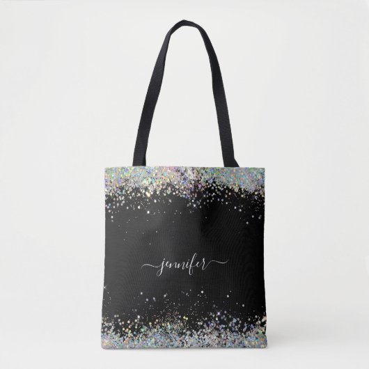 Girl Holographic Glitzer Monogram Name Black Tasche (Vorderseite)