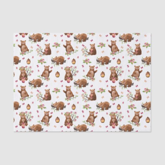 Girl Honey Bears Pattern - Pink Brown White Tissue Seidenpapier (Vorderseite)
