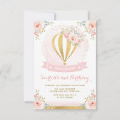 Girl Hot Air Ballon Pink Gold Floral Geburtstag Einladung (Vorderseite)