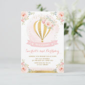 Girl Hot Air Ballon Pink Gold Floral Geburtstag Einladung (Stehend Vorderseite)