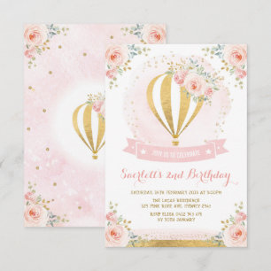 Girl Hot Air Ballon Pink Gold Floral Geburtstag Einladung